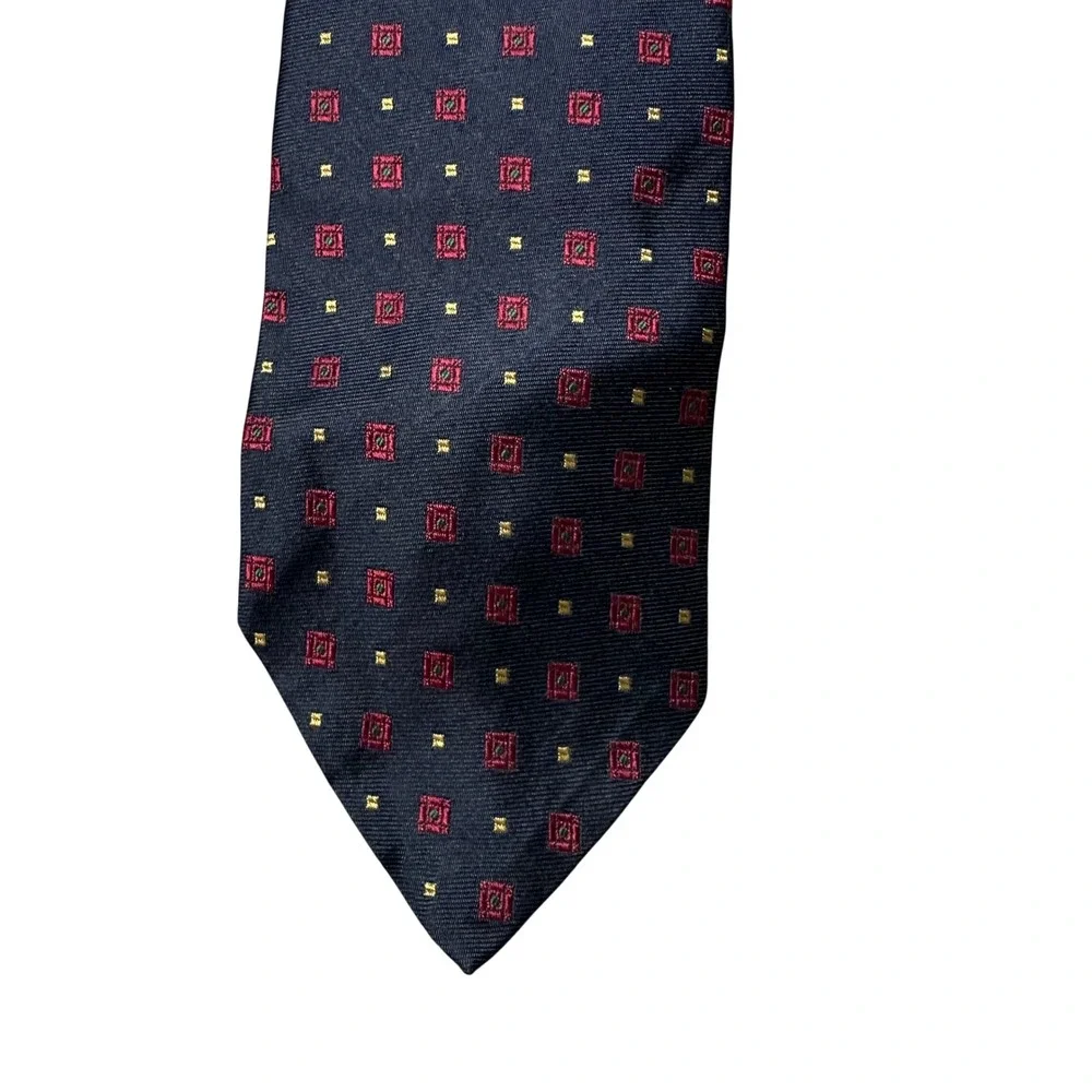 Polo Ralph Lauren Silk Tie Navy Blue Red Gold Geometric Medallion Hand Made